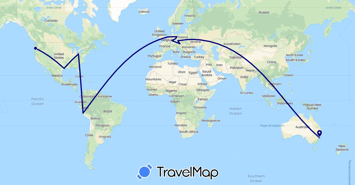 TravelMap itinerary: driving in Austria, Australia, Czech Republic, Germany, United Kingdom, Netherlands, Peru, United States (Europe, North America, Oceania, South America)